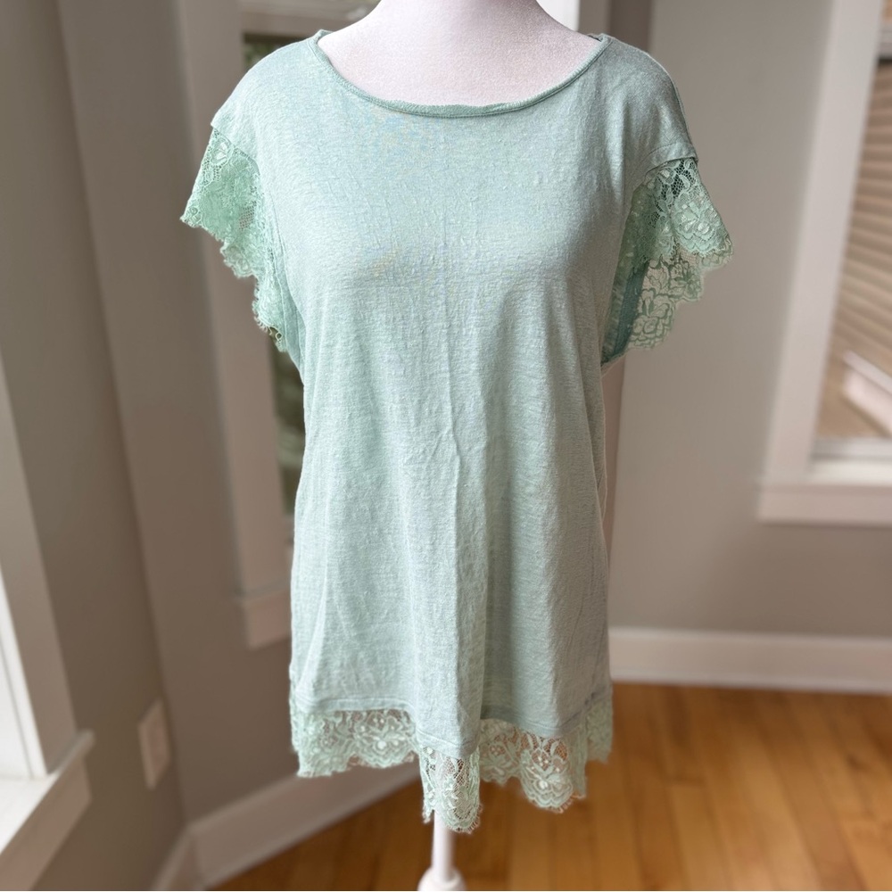 Sundance Light Mint Green Linen Lace Hem Short Sleeve Top Size Small